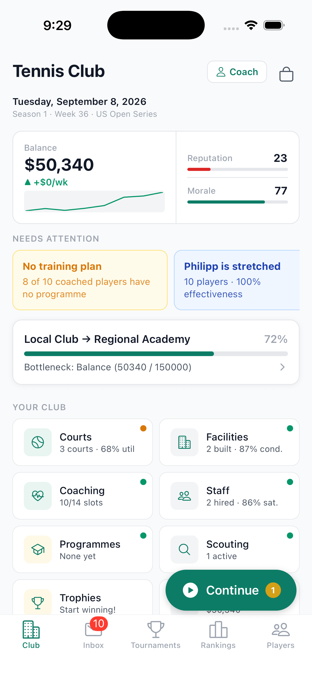 Tennis Tycoon Club Dashboard